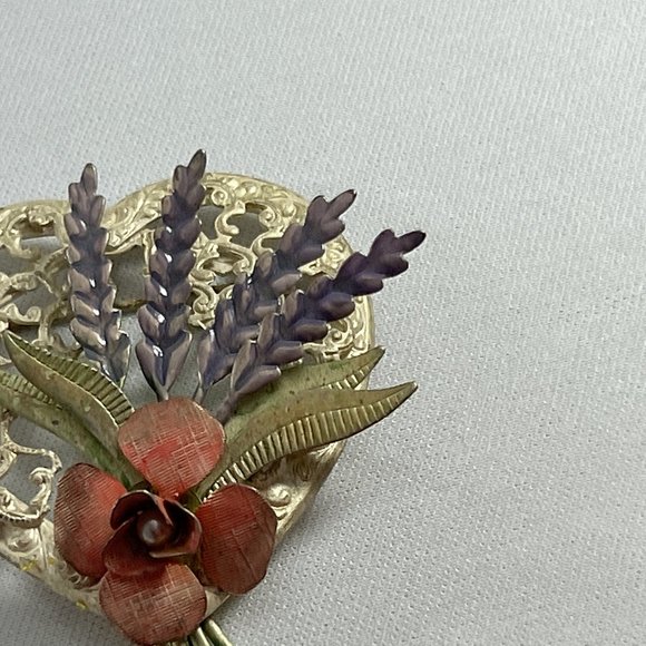 Vintage Open Metal Heart Flower Brooch Pin Pink Purple Cottagecore 2.25" X 1.75" - Picture 4 of 9